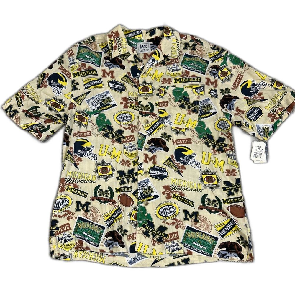 Vintage Lee Sport Shirt Mens Michigan Wolverines Football Large Rayon Button New